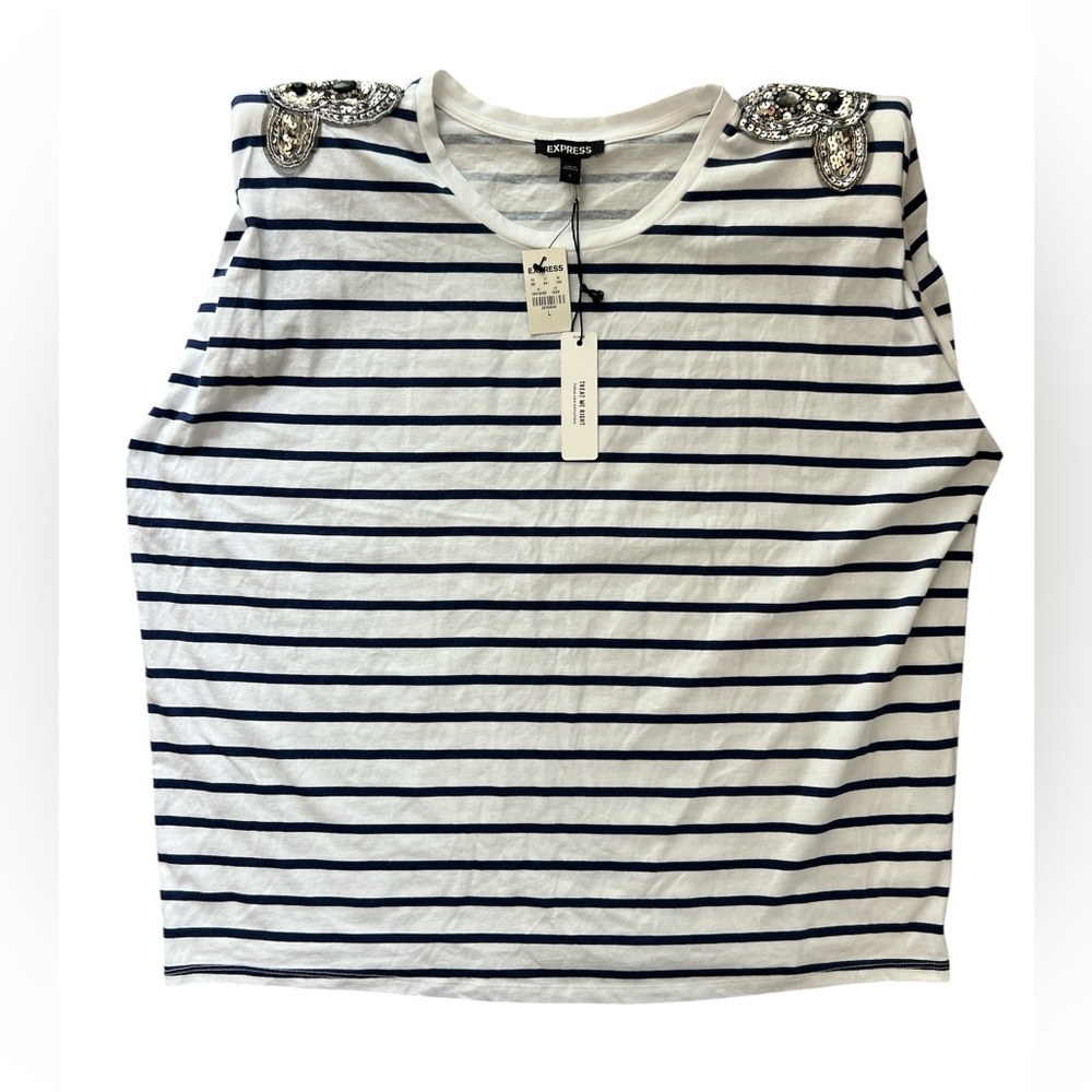 Express black & white Striped cotton top Tee with Embellished Shoulders Sz L